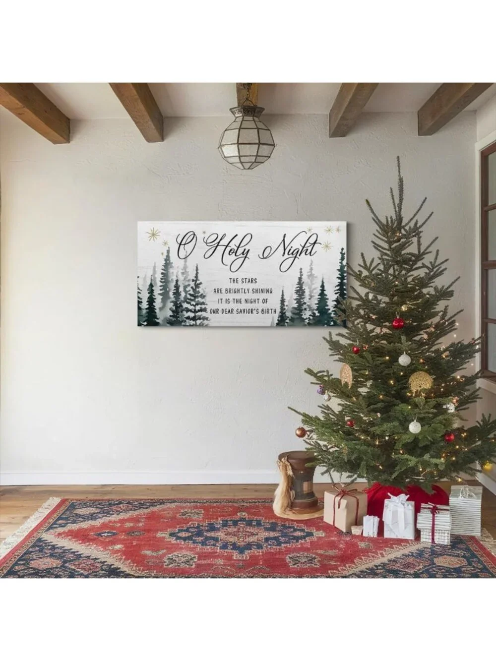 Rustic O Holy Night Wall Art - Large 40x20 Christmas Canvas Decor, Jesus Sign